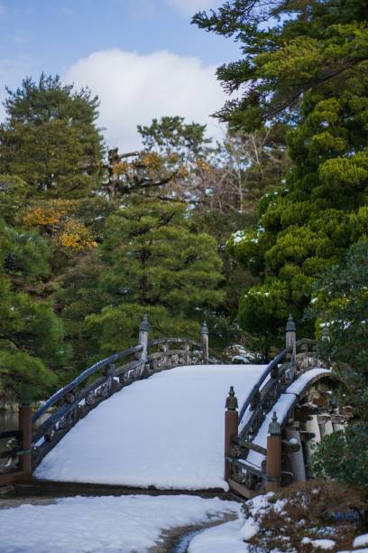 Kyoto, Japan – January 26, 2023: Snow-covered walkway next to trees and a building