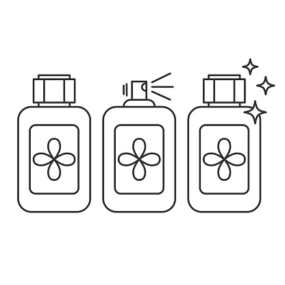 Set of perfume thin line icons.Eau de toilette. Perfume spray container isolated on white background.Editable Stroke. Vector illustration EPS 10.