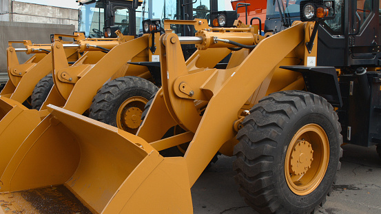 Close-up of yellow wheel loaders standing in a row