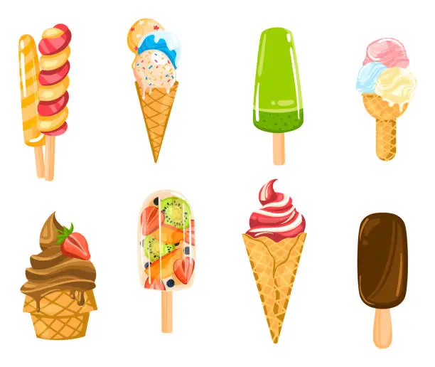 Vector illustration of Assorted frozen desserts collection. Variety of ice cream cones and popsicles with fruits and chocolate. Sweet summer treats vector illustration