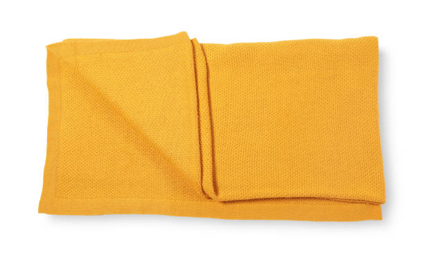 istock Beautiful yellow knitted blanket isolated on white, top view 1955677425