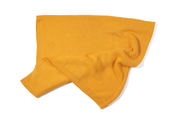 istock Beautiful yellow knitted blanket isolated on white, top view 1955677941