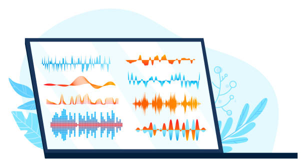 istock Colorful sound waves on laptop screen. Digital audio, music frequency, waveform concept. Modern technology, studio equipment vector illustration 1955681118