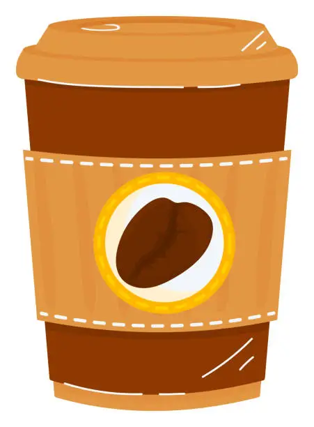 Vector illustration of Disposable coffee cup with lid, brown wrapper with coffee bean design. Takeaway coffee cup, hot beverage theme vector illustration