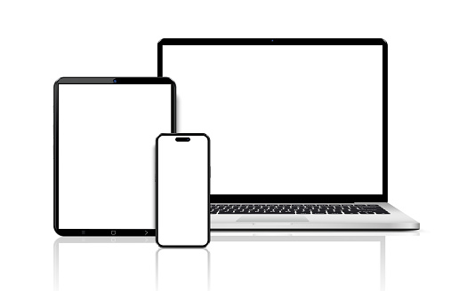 Laptop computer, tablet and mobile phone. Flat lay detailed and realistic devices mockup. Vector illustration.