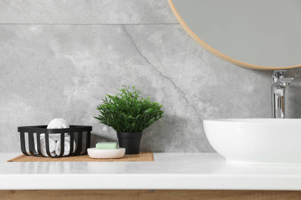 istock Potted artificial plants, rolled towels and soap near sink on bathroom vanity 1955690701