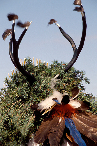 Feast day is a Tribal Indian Ceremonial. Buffalo, harvest and corn dance takes place in the summer. Men dance wearing buffalo and other animal skins and symbolizes the abundance of food and resources. The long white sashes represent failing rain, Torto shell rattles promote fertility and evergreen branches symbolize like. A closeup of the dancers headress is shown.