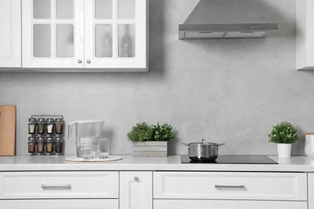 istock Potted artificial plants on white countertop in kitchen 1955692285