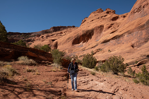 A woman has a tripod and camera available as she hikes in the beauty of Canyon de Chelly. The rust color of sandstone mesas and cliffs are picturesque and tranquil and there is a picture to be captured any moment under the brilliant blue sky.