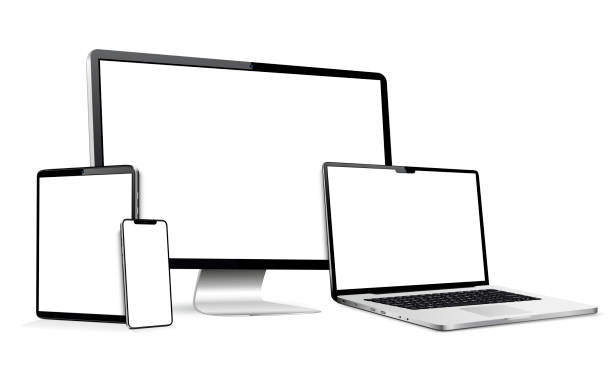 istock Realistic monitor computer, laptop, tablet, cellphone. Flat lay detailed and realistic devices mockup 1955708356