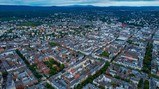 Aerial view around the city Wiesbaden in Germany on a cloudy day in late Spring
