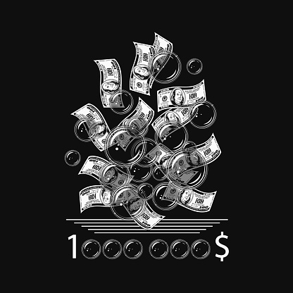 Label with flying dollar bills, soap bubbles. Concept of inflation, depreciation of money, disappearance of savings. Vector monochrome illustration in vintage style.
