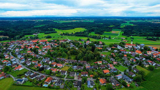 Aerial view around the village Schonstett in Germany on a cloudy day in late Spring