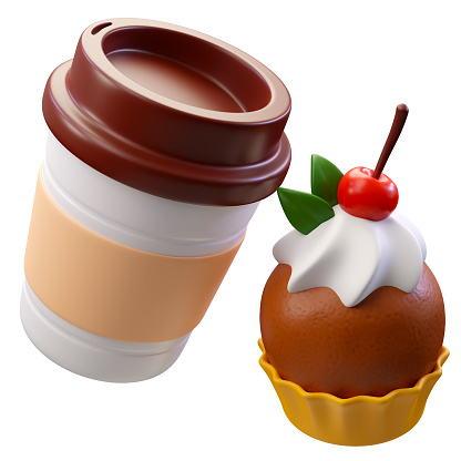 3d rendering icon of delicious coffee cup and cupcake
