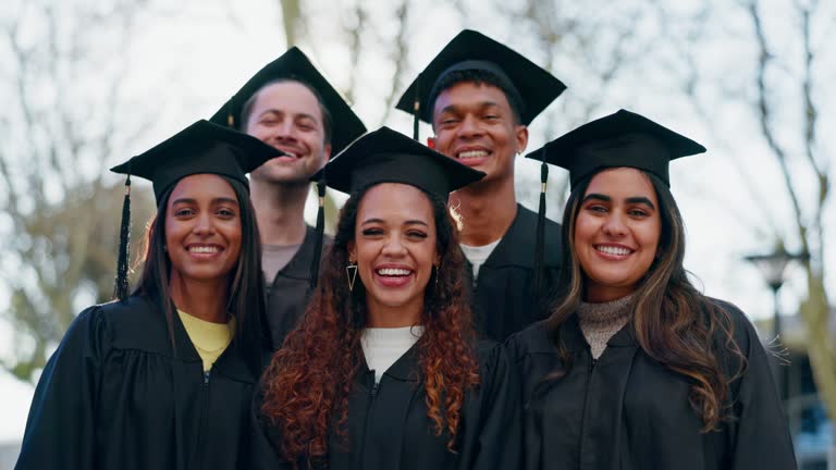 University graduation, students and face of group smile for success, achievement or college award. Portrait, happy graduates and diversity friends in celebration of academic pride, education or event