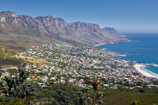 Camps Bay and beach with Twelve Apostles as background, Table Mountain National Park, Cape Town, South Africa