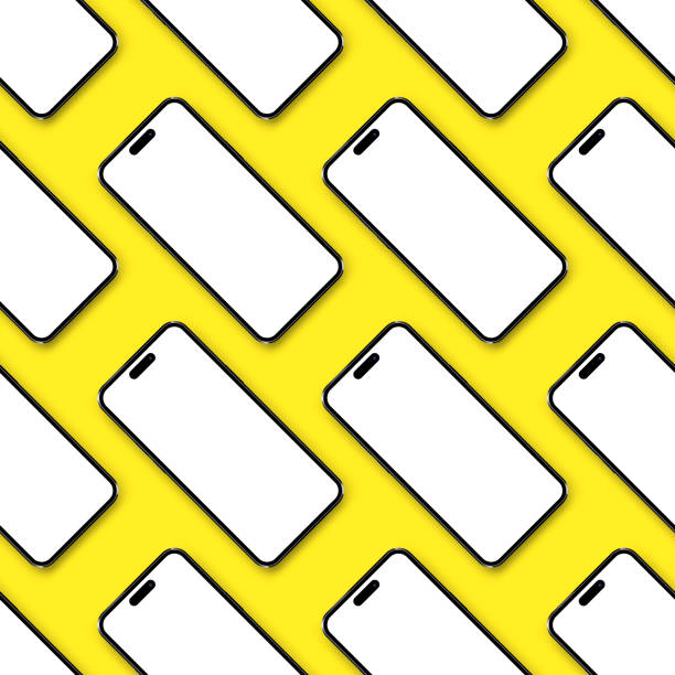 istock Modern smartphone mockup. Seamless pattern with a set of phones on yellow background. Phone blank screen with space for text. UI design. 1955775689