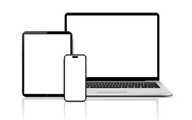 istock Laptop computer, tablet and mobile phone. Flat lay detailed and realistic devices mockup 1955788157