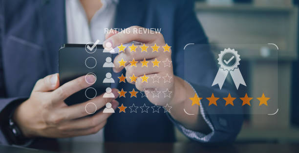 istock Customer review good rating concept, hand pressing user and five star icon on screen for positive customer feedback, testimonial and testimony, user comment and feedback for review. 1955806682
