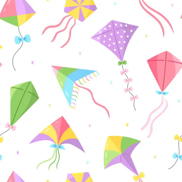 Vector illustration of Flying kites seamless pattern. Cute wallpaper for kids with different wind paper toys on white background. Summer outdoor activities or Makar Sankranti celebration theme.