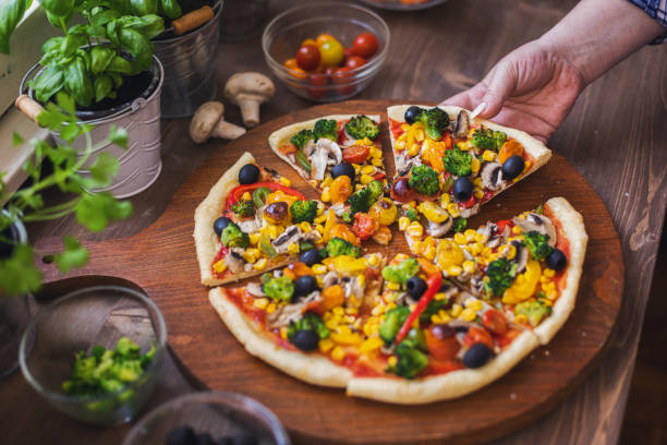 Vegetarian Pizza with Broccoli, Cherry Tomato, Pepper and Mushrooms