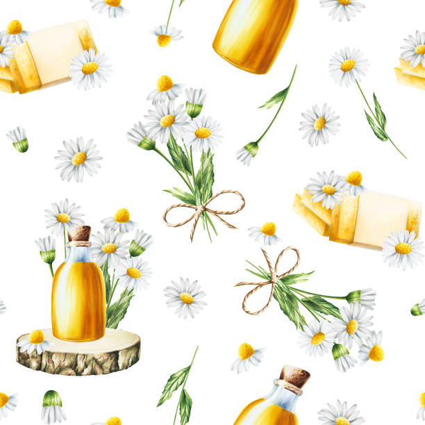 watercolor seamless pattern with white daisy flowers illustration and oil glass bottle with cork cap on a wooden saw isolated on background. chamomile. detail of beauty products and botany set, cosmetology and medicine. for designers, spa decoration - chamomile plant daisy spa treatment chamomile点のイラスト素材／クリップアート素材／マンガ素材／アイコン素材