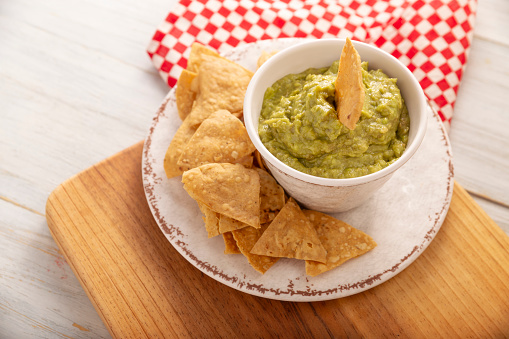 Guacamole. Avocado dip sauce, one of its many ways of consuming it is spread on tortilla chips also called Nachos. Mexican easy homemade sauce recipe very popular.