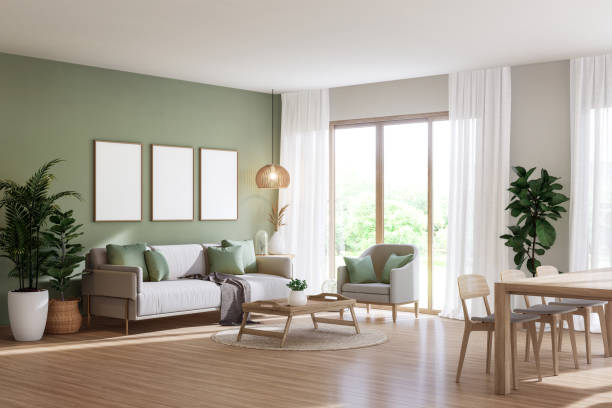 istock Modern contemporary cozy green wall living and dining room 3d render 1955880201