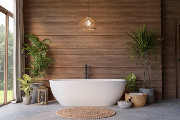 istock Modern contemporary loft style wooden bathroom 3d render 1955880202