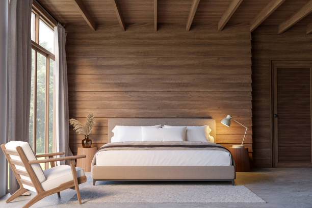 istock Modern contemporary loft style wooden bedroom 3d render 1955880203