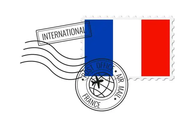 Vector illustration of France postage stamp. Postcard vector illustration with French national flag isolated on white background.