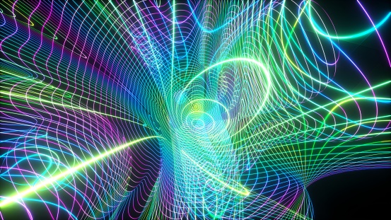 3d render of abstract art 3d background with surreal laser plasma lighting circles in curve round wavy round elegance spiral lines forms in neon purple blue yellow and green color