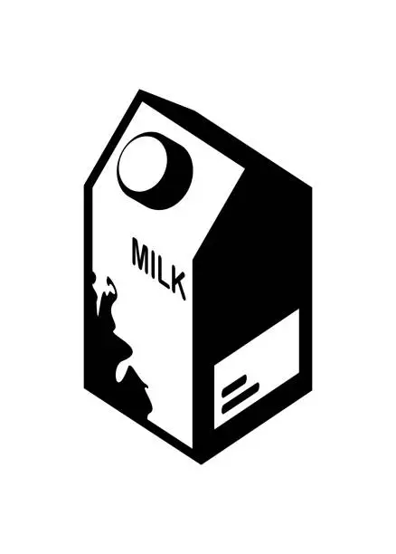 Vector illustration of Milk in paper packaging. Simple illustration in isometric view. Black and white.