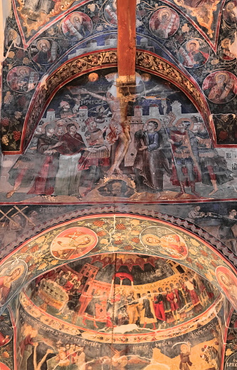 Ceiling frescoes, Saint Mary's Church of Leusa built in the 18th century on the remains of a Byzantine-era older one featuring highly vandalized murals from 1812 depicting Bible scenes. Permet-Albania