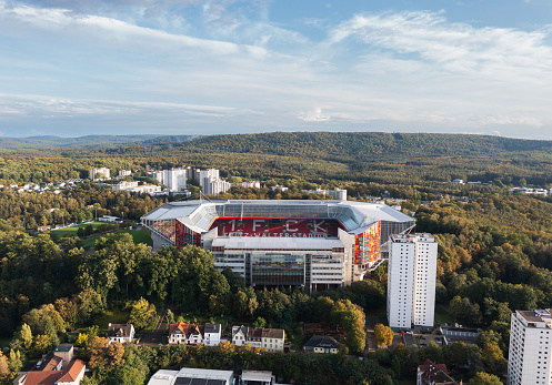 Kaiserslautern, Rhineland-palatinate, Germany - October 2023: Autumn aerial panoramic view of Fritz-Walter-Stadion at sunset, 1. FC Kaiserslautern home Bundesliga stadium.