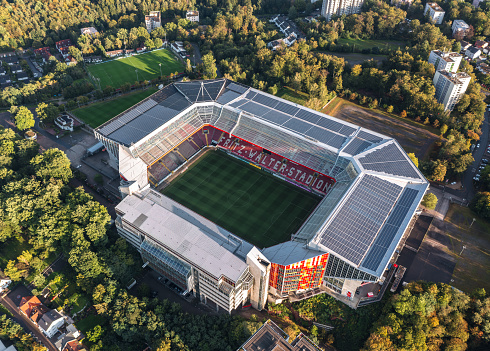 Kaiserslautern, Rhineland-palatinate, Germany - October 2023: Autumn aerial panoramic view of Fritz-Walter-Stadion at sunset, 1. FC Kaiserslautern home Bundesliga stadium.