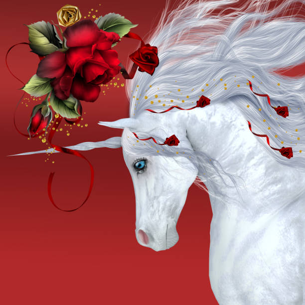 Unicorn Roses A beautiful white unicorn is decorated with red ribbons and roses. valentinstag stock pictures, royalty-free photos & images