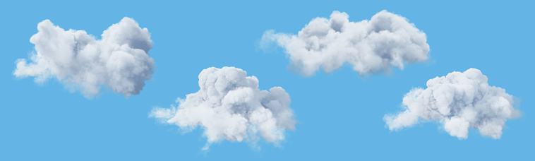 Set of white clouds isolated on blue background. 3D render. 3D illustration.