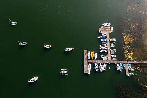 Top down view of a small marina with boats on a green lake in summer.