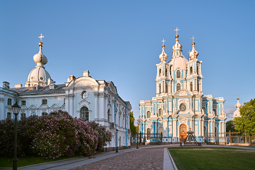 Smolny Cathedral, orthodox old church on a summer evening sunlight, clear blue sky. Saint Petersburg. Russia.