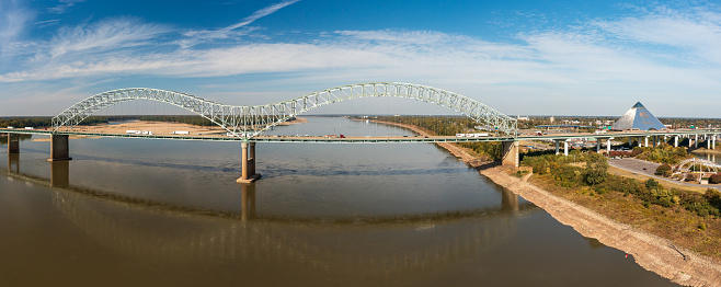 Memphis, TN - 23 October 2023: Panoramic view of Memphis Tennessee with Hernando de Soto bridge and Memphis Pyramid