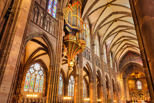 Interior of the landmark Strasbourg Cathedral in Strasbourg, Alsace, France.