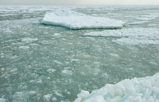 The Black Sea is frozen, ice floes float along the shore. Climate change