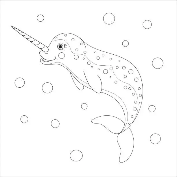 Vector illustration of Hand drawn cartoon funny narwhal. Nursery unicorn of sea.