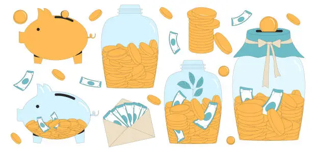 Vector illustration of Savings money set. Glass money jar, piggybank and envelope with banknotes. Coins stack and cash. Investments. Vector flat illustration.
