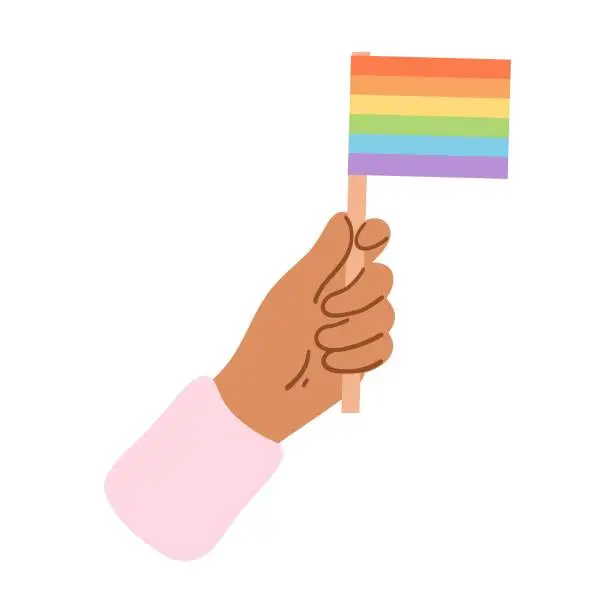 Vector illustration of Hand holding rainbow flag. Pride month, lgbtq+ movement, people diversity, gender equality
