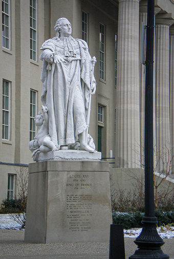 Louis XVI, namesake of the City of Louisville, statue downtown Louisville. Statue sat on the grounds of the Jefferson County Courthouse but was removed in 2020. Statue was created in France in 1829 and gifted to the City of Louisville in 1966.
