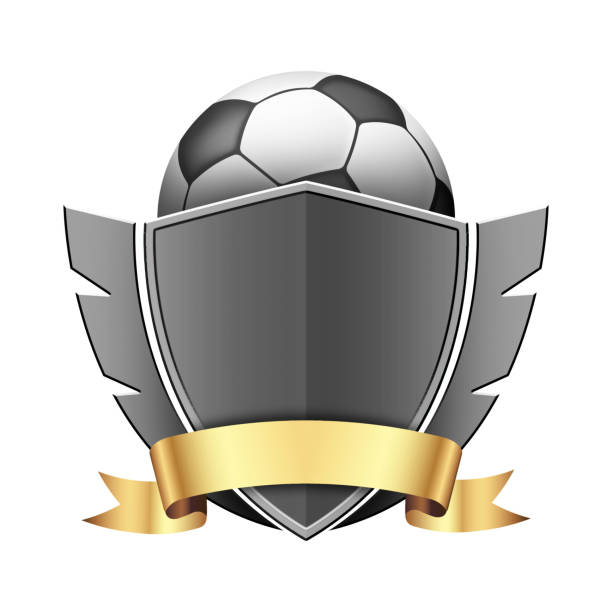 A creative 3D illustration logo made for a football team or club, with a silver shield in front and a golden label ribbon, soccer ball and eagle wings. battle league athletic symbol icon for sports.
