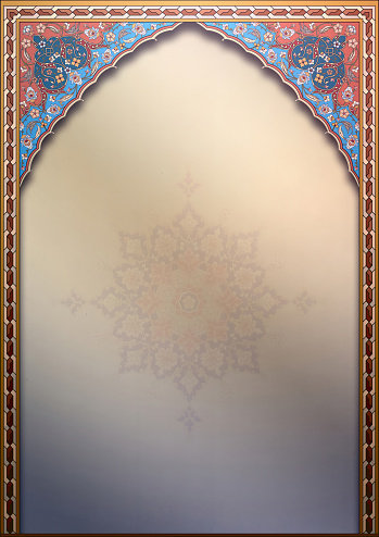 A vertical template with a traditional Islamic gilded design that includes a domed frame. Old Iranian and colorful elements like the mosque. brochure has round design in the middle of the background.