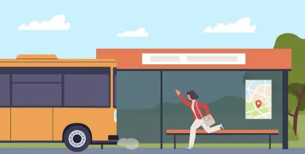 Vector illustration of Woman is late for bus and runs after him. Girl running, public transport transportation station. Hurrying female character, passenger waving hand gesture. Cartoon flat vector concept